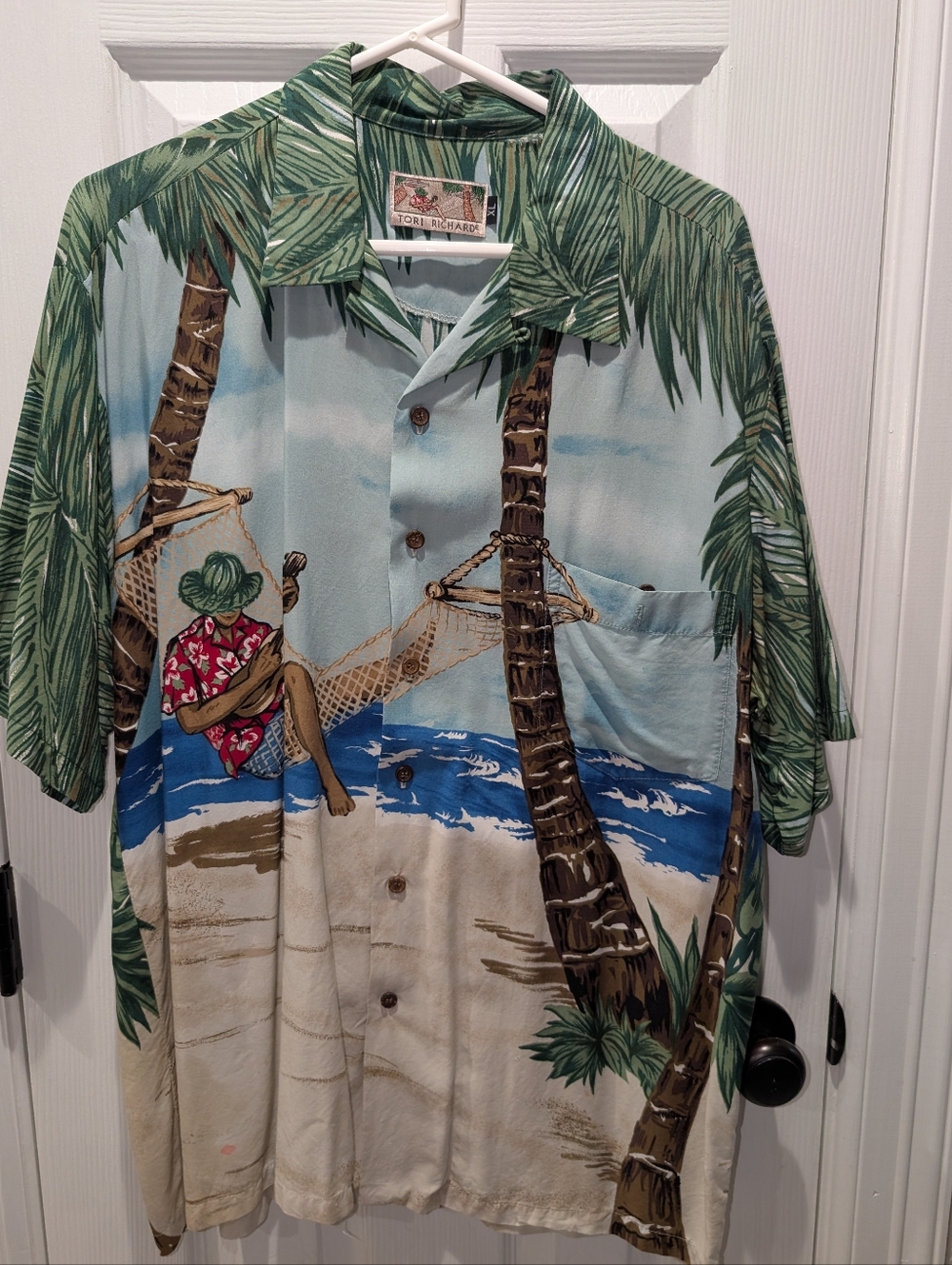 Tori Richard Tropical Palm Tree Beach Scene Shirt in Blue, Green